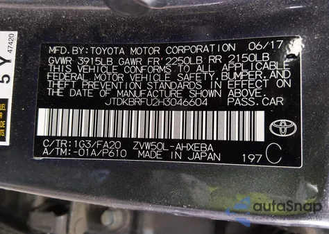 2017 Toyota Prius Two from USA, damaged, VIN JTDKBRFU2H3046604